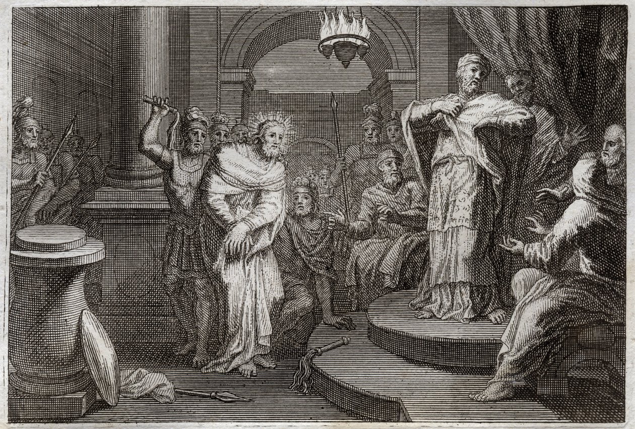 Royaumontská Bible, Nový zákon: Ježíš Kristus před Kaifem a Ananem (Hanan nebo Anna nebo Hanne). Ilustrace z roku 1811. od Unknown artist
