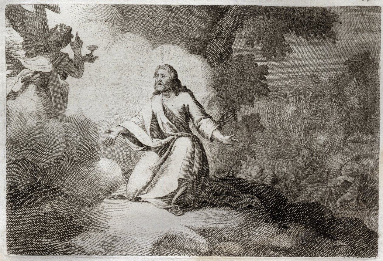Royaumontská Bible, Nový zákon: Ježíš Kristus v zahradě (modlitba na Olivové hoře). Ježíšovi se zjevuje anděl držící kalich. Apoteři svatého Petra, svatého Jana a svatého Jakuba spí. Ilustrace z roku 1811. od Unknown artist