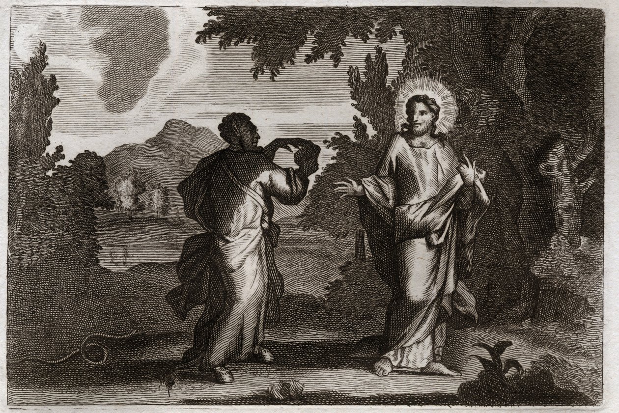 Royaumontská Bible, Nový zákon: Ježíš Kristus na poušti. Ježíš je zahnán do pouště. Je mladý čtyřicet dní a čtyřicet nocí. Je pokoušen démonem, který ho vyzývá, aby proměnil kameny v chléb. Ilustrace z roku 1811. od Unknown artist