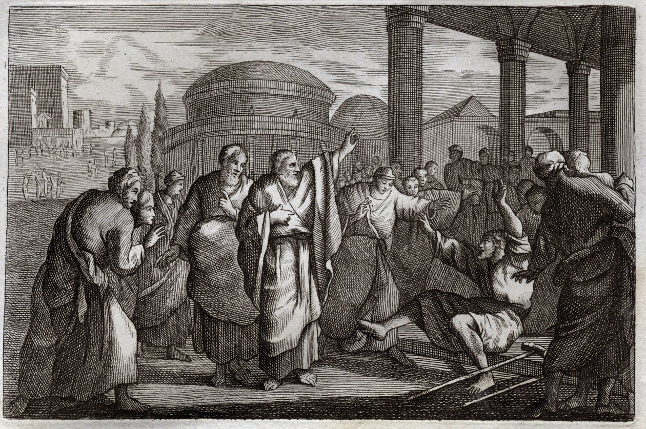 Royaumontská Bible, Nový zákon: Kulhaví gueri. Svatý Pavel bojuje s chromým a zatýká lidi, kteří se mu chtěli obětovat jako Bohu. Ilustrace z roku 1811. od Unknown artist