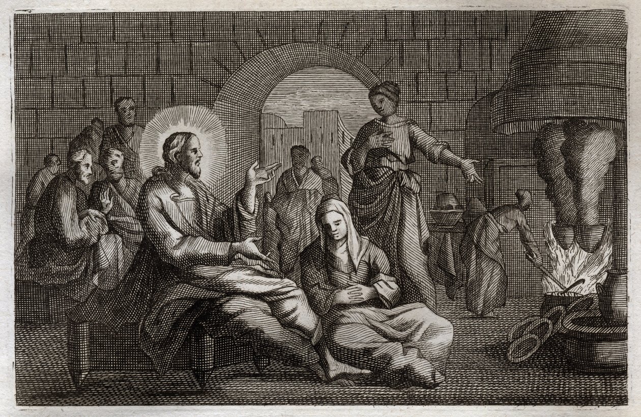 Royaumontská Bible, Nový zákon: Marta a Marie. Ježíš Kristus vstupuje do domu Marty, která spěchá, aby ho přijala, zatímco jeho sestra Marie z Betanie slyší jeho slovo. Ilustrace z roku 1811. od Unknown artist