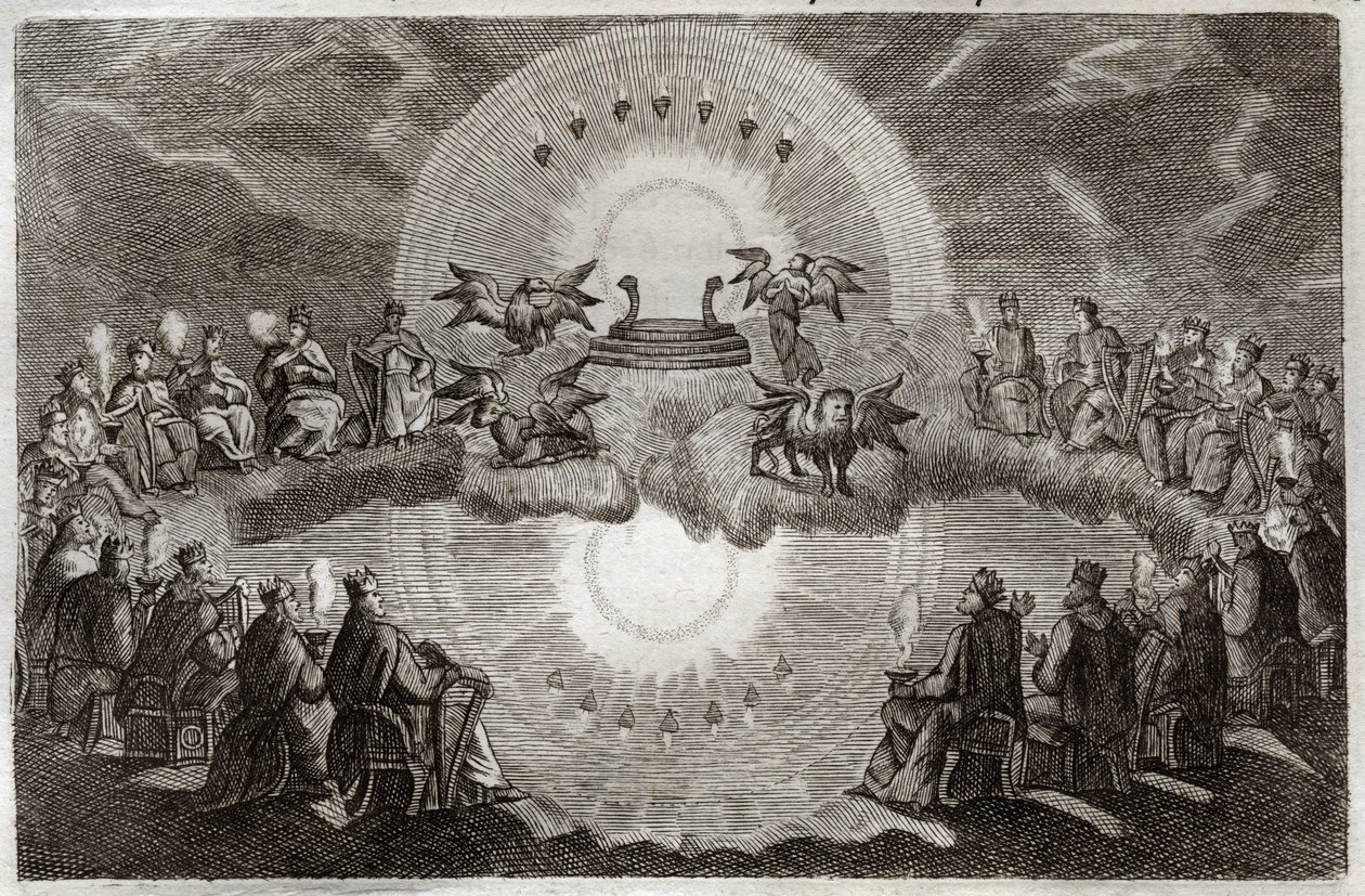 Royaumontská Bible, Nový zákon: Otevřené nebe. Objeví se trůn obklopený lvem, volem, mužem a orlem (tetramorfem) a sedmi lampami. Tuto vizi obklopuje 24 starých lidí sedících na trůnech. Ilustrace z roku 1811. od Unknown artist