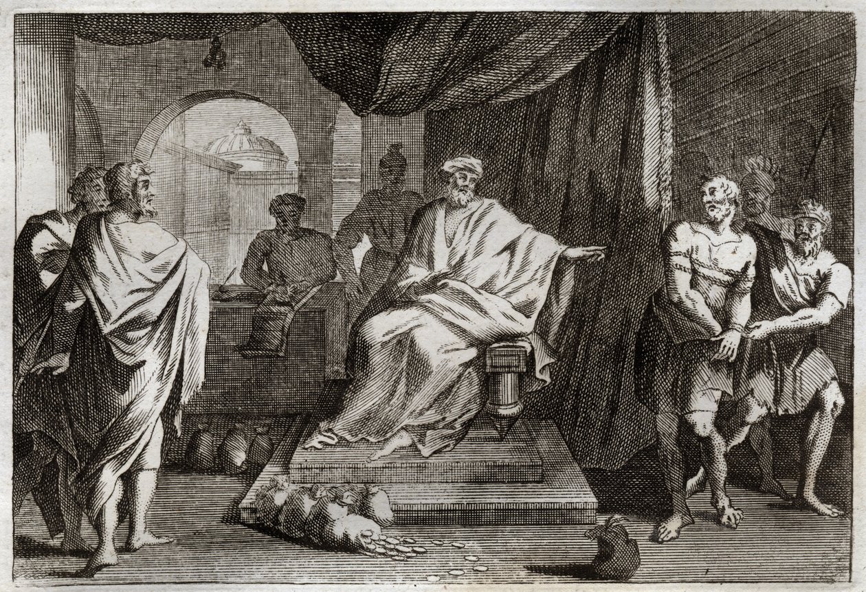 Royaumontská Bible, Nový zákon: Podobenství o talentech. Pán potrestá jednoho ze svých sluhů, který schoval peníze, které mu dal. Ilustrace z roku 1811. od Unknown artist