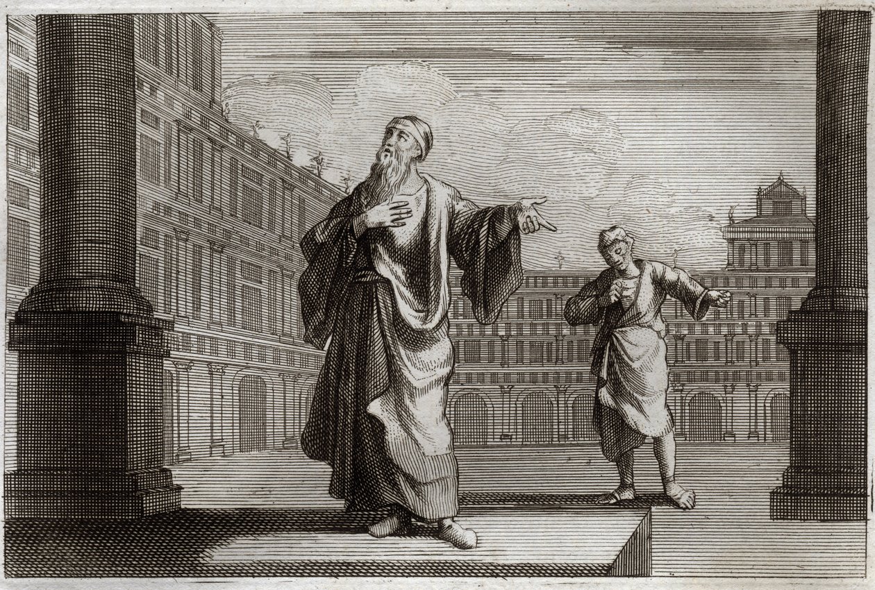 Royaumontská Bible, Nový zákon: Podobenství o farizeovi a publikánovi, který se šel modlit do chrámu. Ilustrace z roku 1811. od Unknown artist