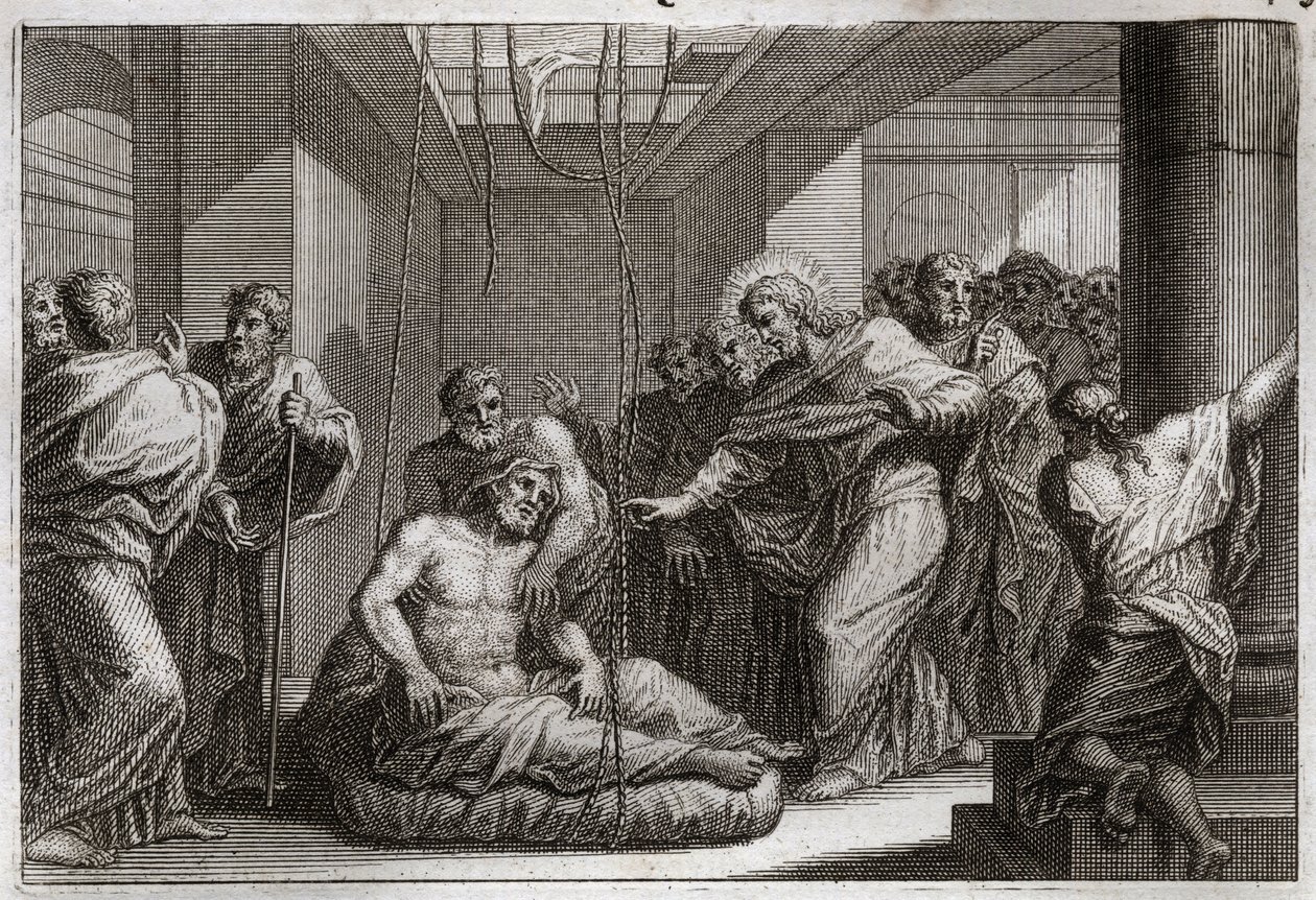 Royaumontská Bible, Nový zákon: Paralytický. Ježíš Kristus zavolal svatého Matouše a uzdravil ochrnutého v Kafarnaeu. Ilustrace z roku 1811. od Unknown artist