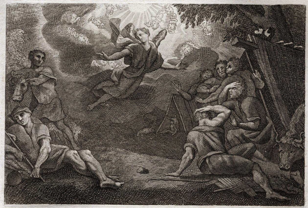 Royaumont Bible, New Testament: Pastors at the Crech. Anděl zvěstuje Narození Ježíše Krista pastýřům (Zvěstování pastýřům). Ilustrace z roku 1811. od Unknown artist
