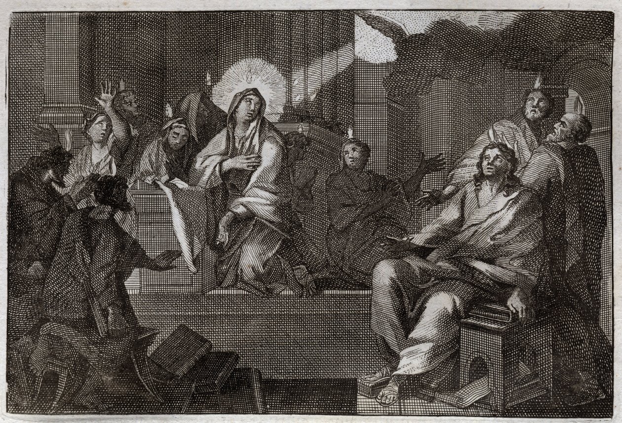 Royaumontská Bible, Nový zákon: Pentecoot. Duch svatý sestupuje na Pannu Marii a Apotery. Ilustrace z roku 1811. od Unknown artist