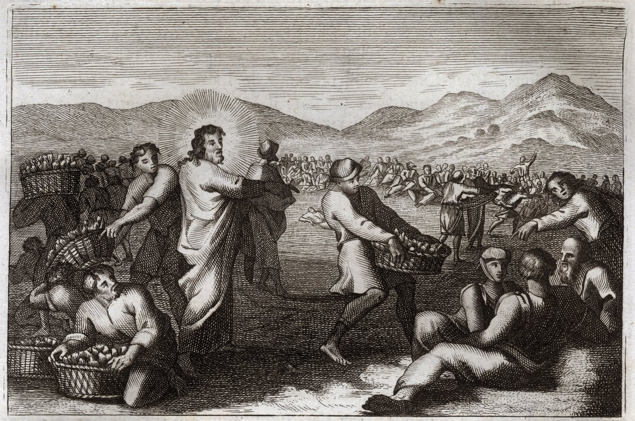 Royaumontská Bible, Nový zákon: Šíření chlebů. Ježíš Kristus rozmnožil pět chlebů a nasytil pět tisíc lidí. Ilustrace z roku 1811. od Unknown artist