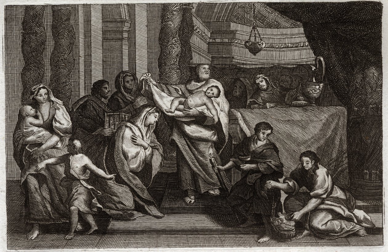 Royaumontská Bible, Nový zákon: Očištění Panny nebo prezentace v chrámu. Svatá rodina nabízí Ježíše Krista do chrámu a dává ho Symeonovi (nebo Simeonovi nebo Šimonovi). Žena drží dvě holubice v košíku. Ilustrace z roku 1811. od Unknown artist