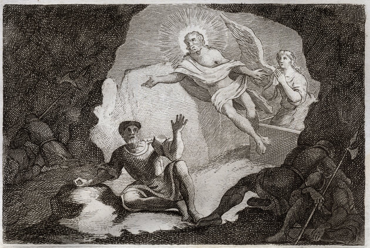 Royaumontská Bible, Nový zákon: Vzkříšení. Ježíš Kristus vstává ze svého hrobu pod úžasem římských vojáků, kteří usnuli. Ilustrace z roku 1811 (rytina) od Unknown artist