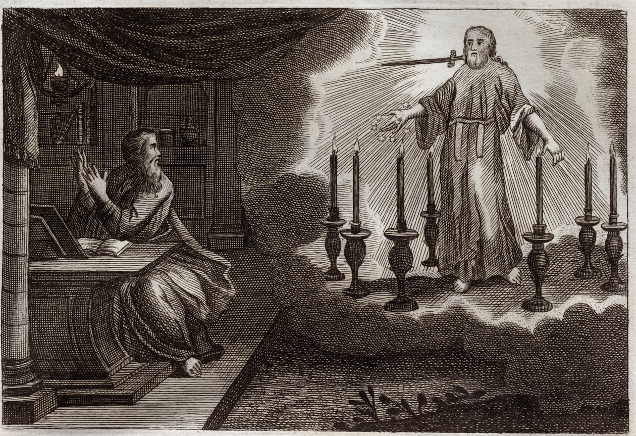 Royaumontská Bible, Nový zákon: Zjevení svatého Jana ve Zjevení. Ježíš Kristus se objevuje ve svatém Janovi mezi sedmi zlatými svícny se sedmi hvězdami v pravé ruce a mečem vycházejícím z jeho úst. Ilustrace z roku 1811. od Unknown artist