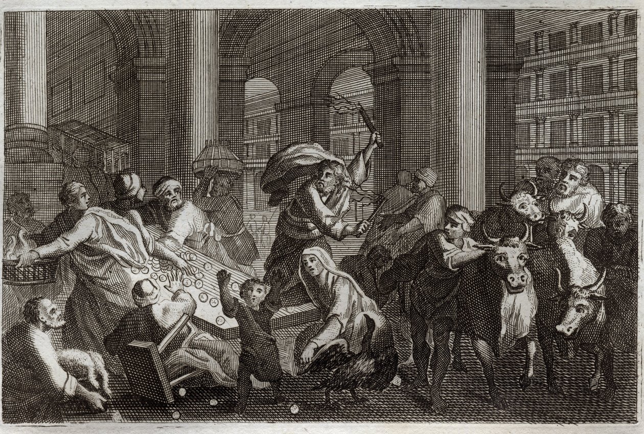 Royaumontská Bible, Nový zákon: Prodejci loví z chrámu. Ježíš Kristus vyhání z chrámu ty, kteří ho znesvěcovali provozem, který tam prováděli. Ilustrace z roku 1811. od Unknown artist