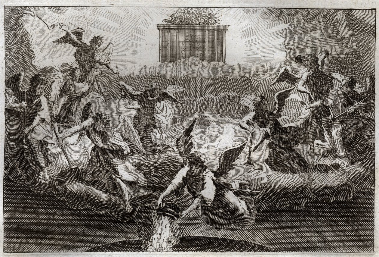 Royaumontská Bible, Nový zákon: Sedm andělů, kteří troubí na trubky Zjevení po otevření sedmé pečeti knihy Beránkem. Jiný anděl vezme kadidelnici, naplní ji ohněm oltáře a hodí ji na zem. Ilustrace z od Unknown artist