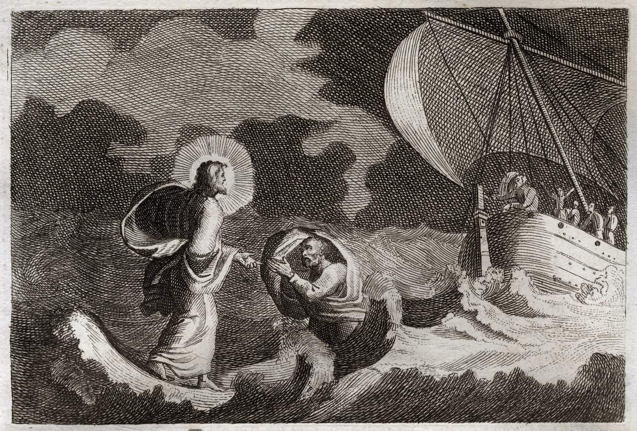 Royaumontská Bible, Nový zákon: Svatý Petr chodí po vodě. Ježíš Kristus chodí po moři a nutí tam chodit svatého Petra. Ilustrace z roku 1811. od Unknown artist