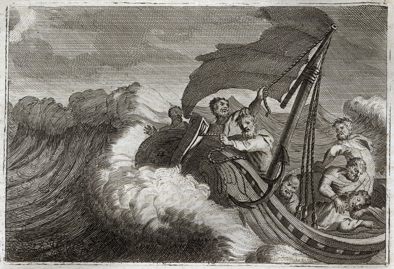 Royaumontská Bible, Nový zákon: Tempete se uklidnila. Apoteři jsou překvapeni bouří probuzeným Ježíšem Kristem, který spal v jejich lodi, a také uklidňuje Galilejské jezero. Ilustrace z roku 1811. od Unknown artist