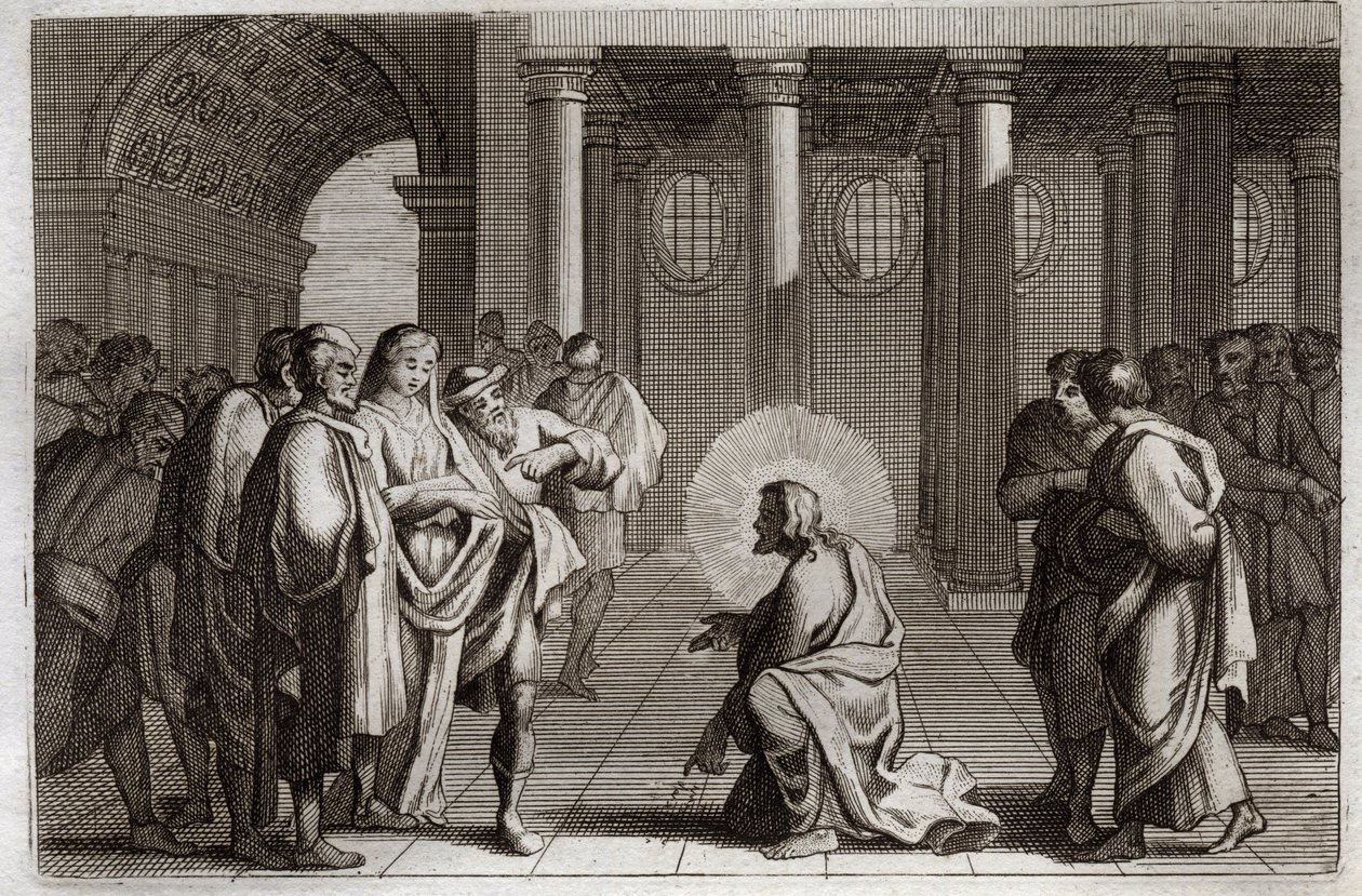 Royaumontská Bible, Nový zákon: Cizoložná žena. Ježíš Kristus se božsky klame z pastí, které na něj Židé položili, a ptá se ho, co by se mělo udělat se ženou přistiženou při cizoložství, a říká: „Kdo z vás je bez hříchu, ať hodí. od Unknown artist