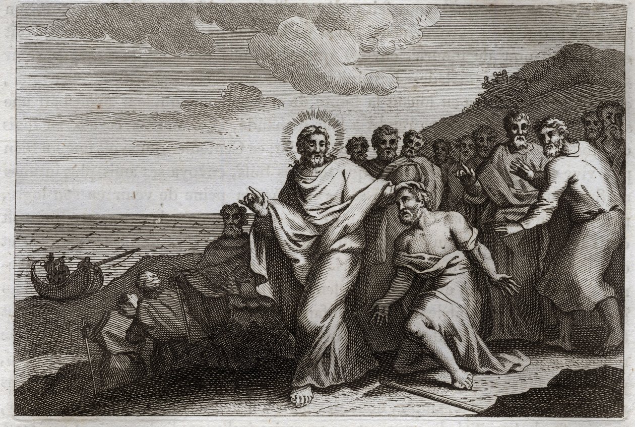 Royaumontská Bible, Nový zákon: Lepreux a Centenier. Lepreu se modlí k Ježíši Kristu, aby ho uzdravil s jeho malomocenstvím, a Cententer ho posílá, aby se modlil za uzdravení jeho nemocného služebníka. Ilustrace z roku 1811. od Unknown artist