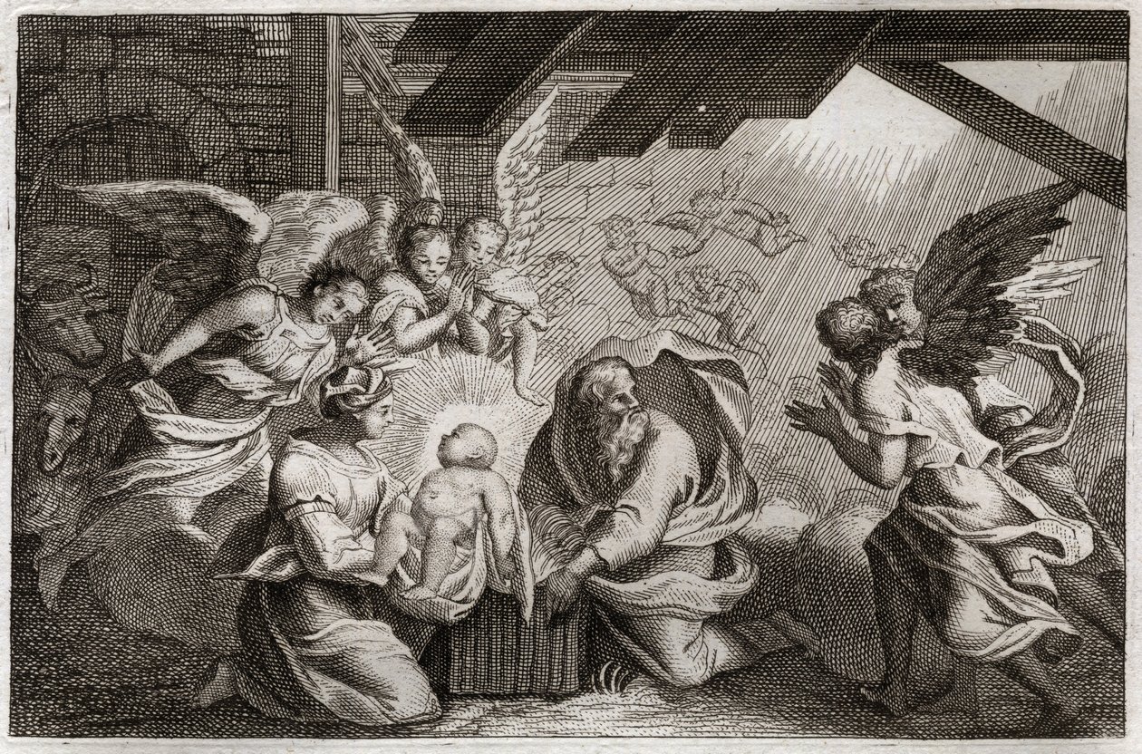 Royaumontská Bible, Nový zákon: Narození Páně. Ježíš Kristus se narodil z blahoslavené Panny Marie ve stáji v Betlémě. Ilustrace z roku 1811. od Unknown artist