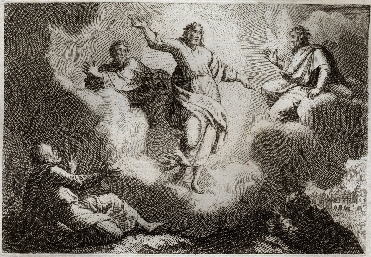 Royaumontská Bible, Nový zákon: Proměnění Ježíše Krista. Kristus obklopuje Mojžíše a Eliáše s apoštoly svatým Janem, Petrem a Jakubem. Ilustrace z roku 1811. od Unknown artist