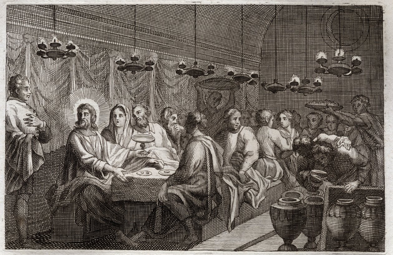 Royaumontská Bible, Nový zákon: Svatba v Káně. První zázrak Ježíše Krista, který proměnil vodu ve víno. Ilustrace z roku 1811. od Unknown artist