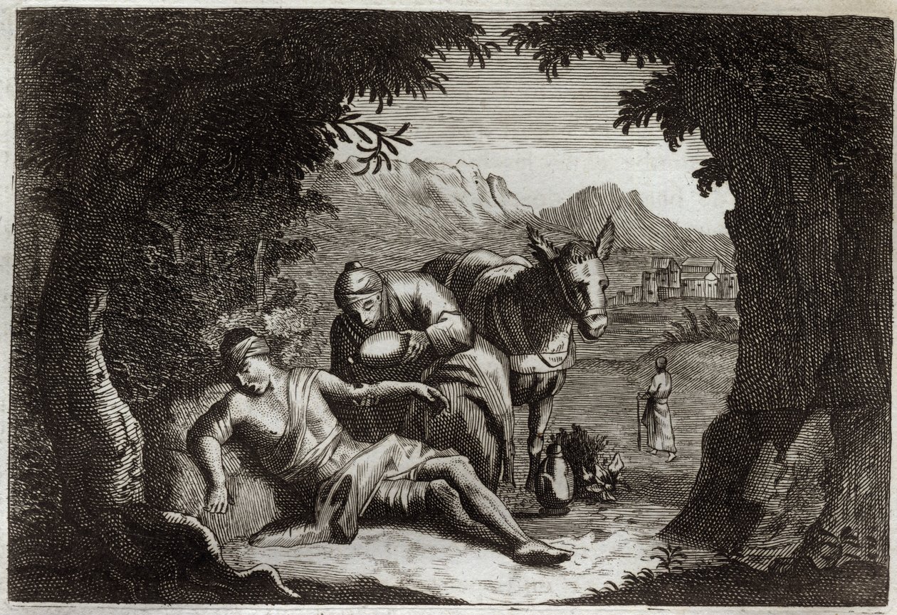 Royaumontská Bible, Nový zákon: Podobenství o milosrdném Samaritánovi. Samaritán se cestou zastavil, aby zachránil muže v nouzi. Ilustrace z roku 1811. od Unknown artist
