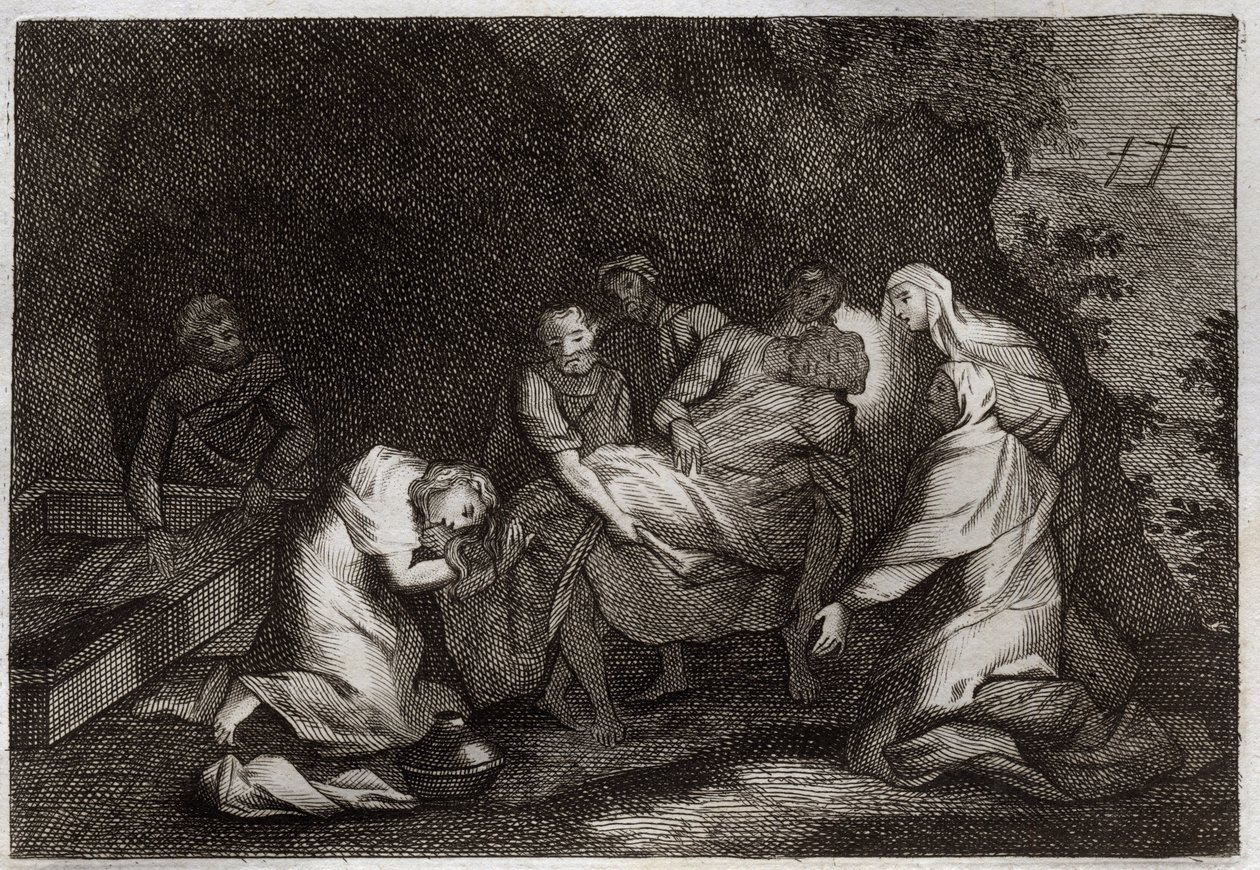 Royaumontská Bible, Nový zákon: Hrob. Hrob Ježíše Krista. Mezi postavami obklopujícími tělo Ježíše Krista: Panna Maria, svatá Nikodéma, svatý Josef z Arimatie, svatý Jan Evangelista a svatá Marie Magdalena. Ilustrace z 18 od Unknown artist