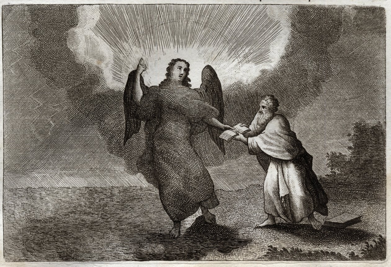 Royaumontská Bible, Nový zákon: Vize svatého Jana. Vidění anděla s otevřenou knihou dává svatému Janovi, aby ho pohltil. Ilustrace z roku 1811. od Unknown artist