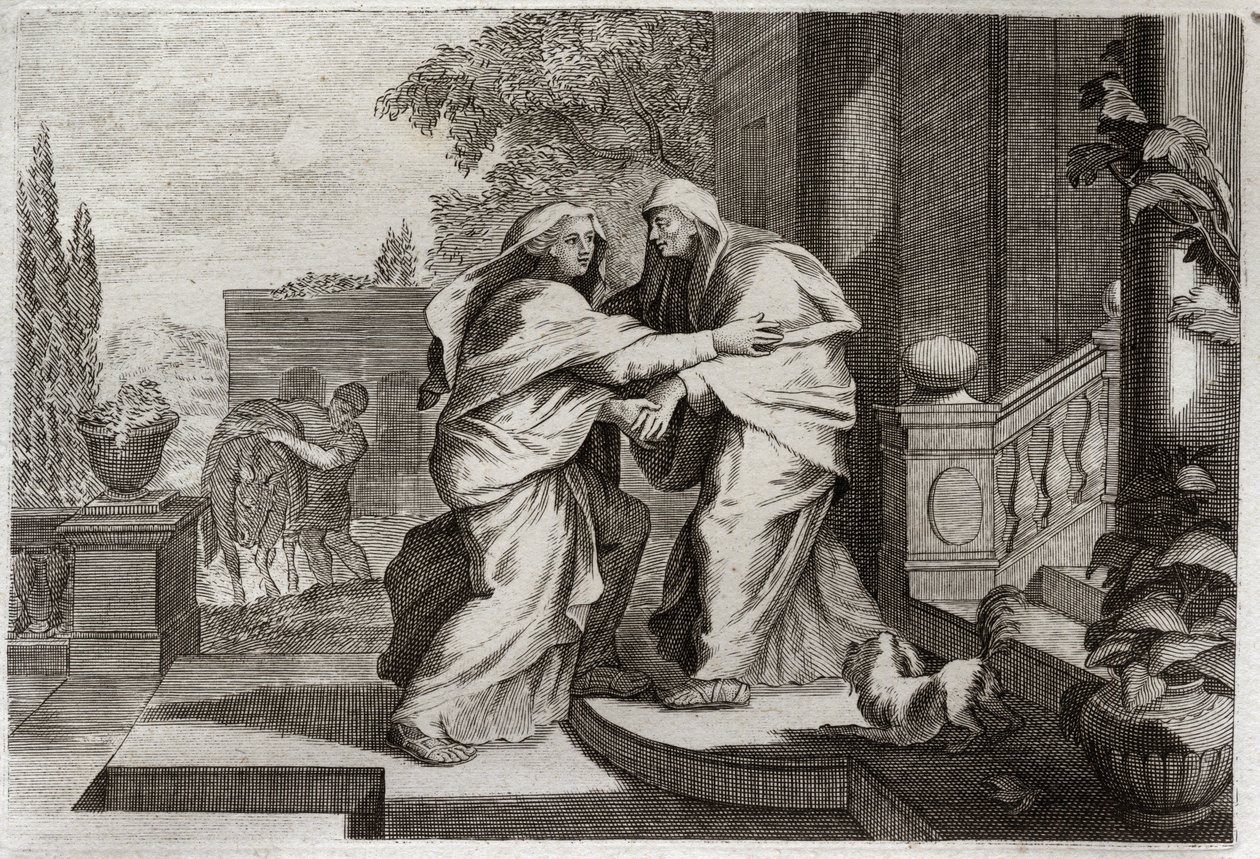 Royaumontská Bible, Nový zákon: Navštívení. Blahoslavená Panna Maria navštíví svou sestřenici Elisabeth. Ilustrace z roku 1811. od Unknown artist