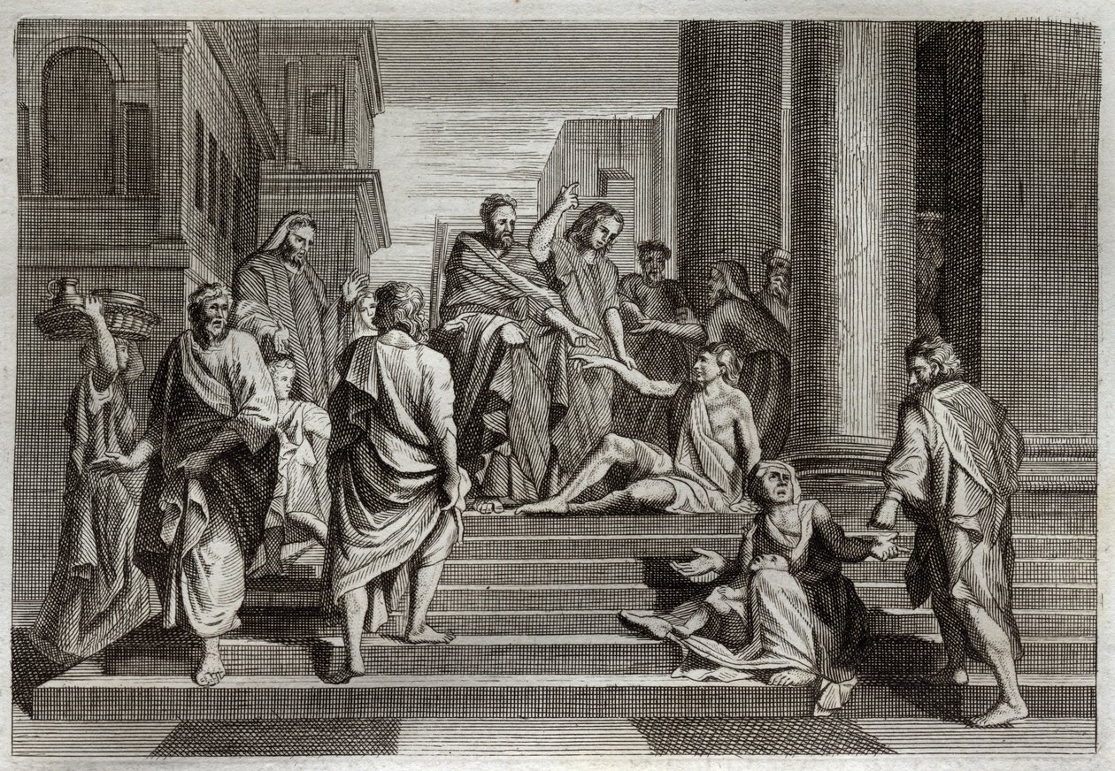 Royaumontská Bible, Nový zákon: Válka chromých. Svatý Petr v doprovodu svatého Jana zázračně bojoval s chromým mužem v Jeruzalémě. Ilustrace z roku 1811. od Unknown artist