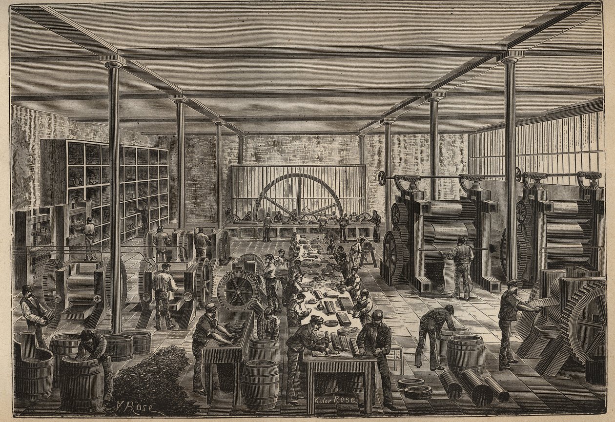 Guma: gumárna. Rytina z roku 1885 v „“Les arts et metiers illustres““ od Adolphe BITARDA. od Unknown artist