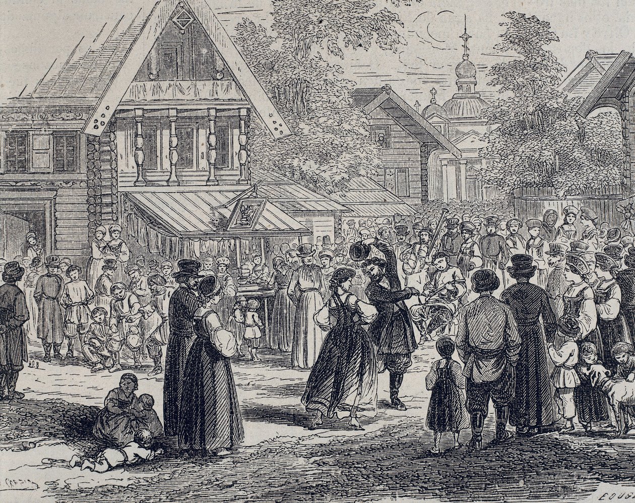 Rusko (19. století). Večírek na vesnici. 1879 (rytina) od Unknown artist