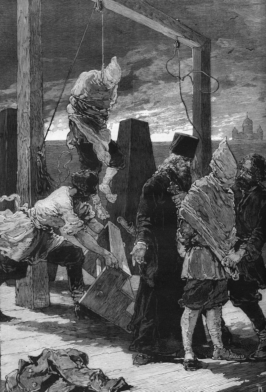 Rusko, Petrohrad: poprava dvou nihilistů Kviatkovského a Presniakoffa 16. 11. 1880 v Saint John raveline v Pevnosti svatých Petra a Pavla. Byli to pachatelé útoku na Zimní palác v roce 1879. od Unknown artist