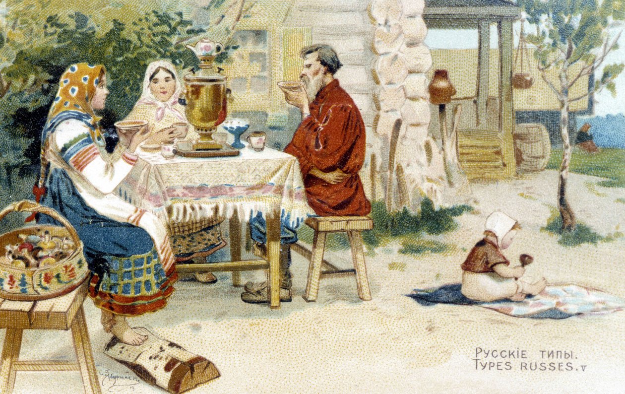 Ruská rodina pije čaj kolem samovaru - chromo. od Unknown artist