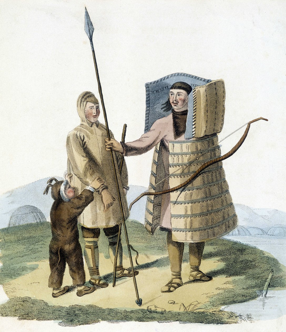 Ruský muž v loveckém obleku se svou ženou a dítětem. od Unknown artist