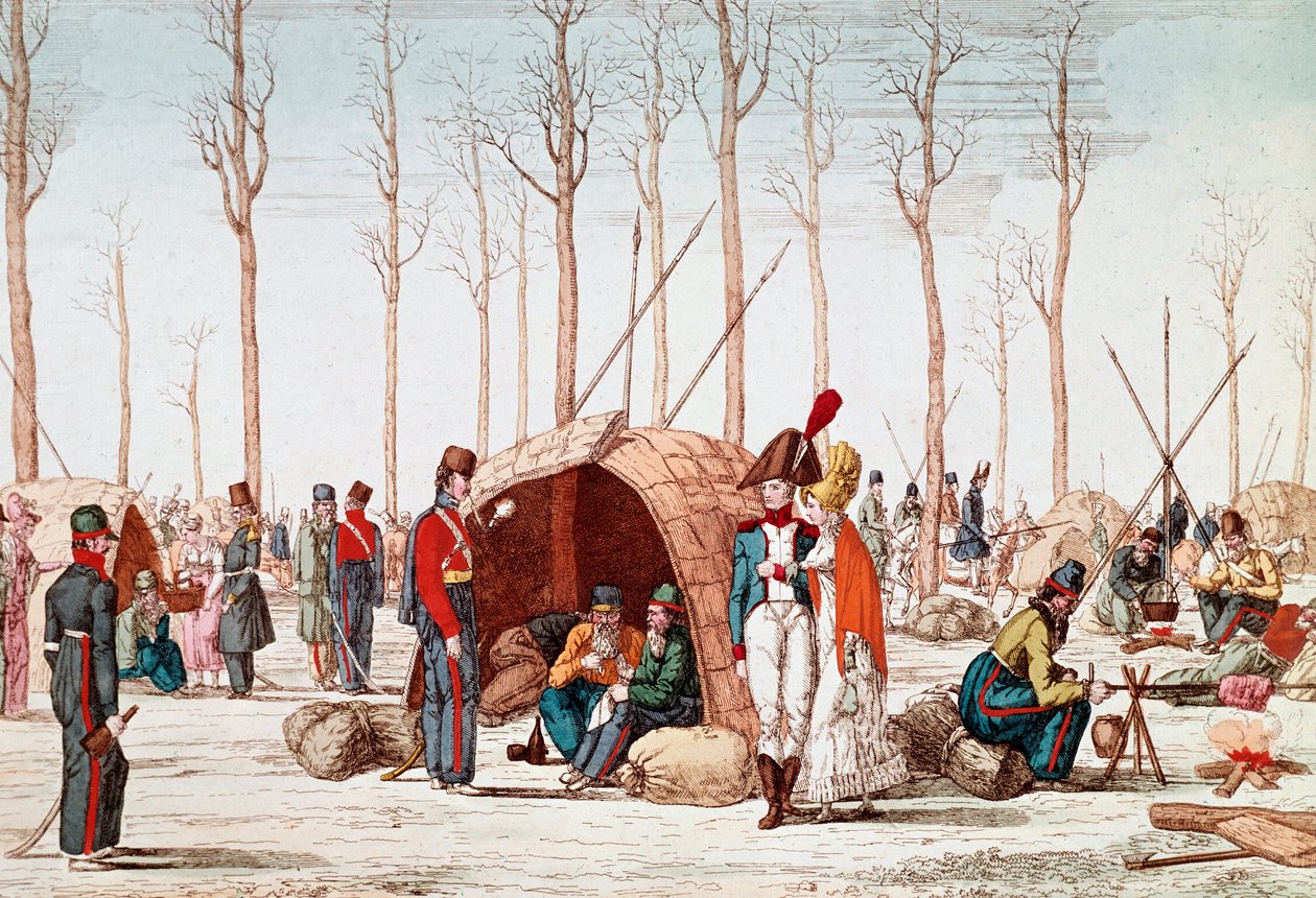 Ruští vojáci bivakující na Champs-Elysees, Paříž, Francie, 31. března 1814 (rytina) od Unknown artist