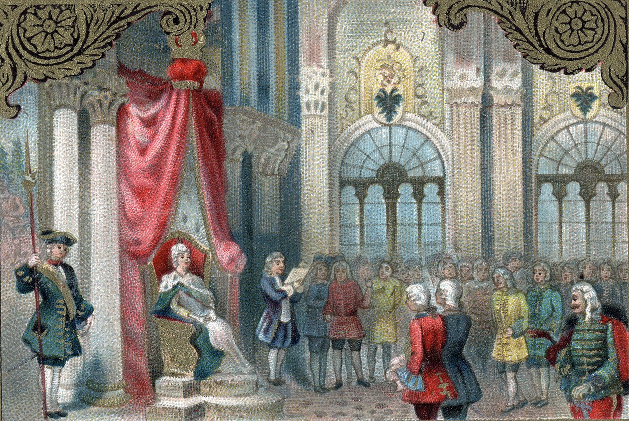 Ruská modernizační politika: Ruská Kateřina II. (1729-1796) prohlašuje reorganizaci Ruské říše. V roce 1785 dal mnohem více pravomocí a práv šlechticům Říše. Pozdní chromolitografie 19. století. od Unknown artist