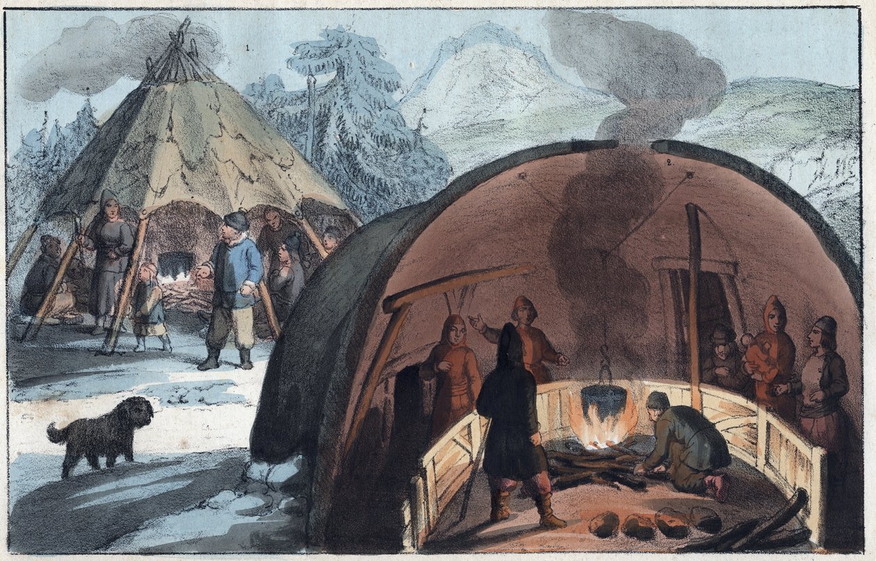 Saamská rodina ve stanu v Laponsku - Interiér laponské chýše s rodinou kolem ohně - rytina z „“ Zvyků a tradic všech národů vesmíru. To je historie vlády, zákonů, milicí, náboženství všech národů od Unknown artist
