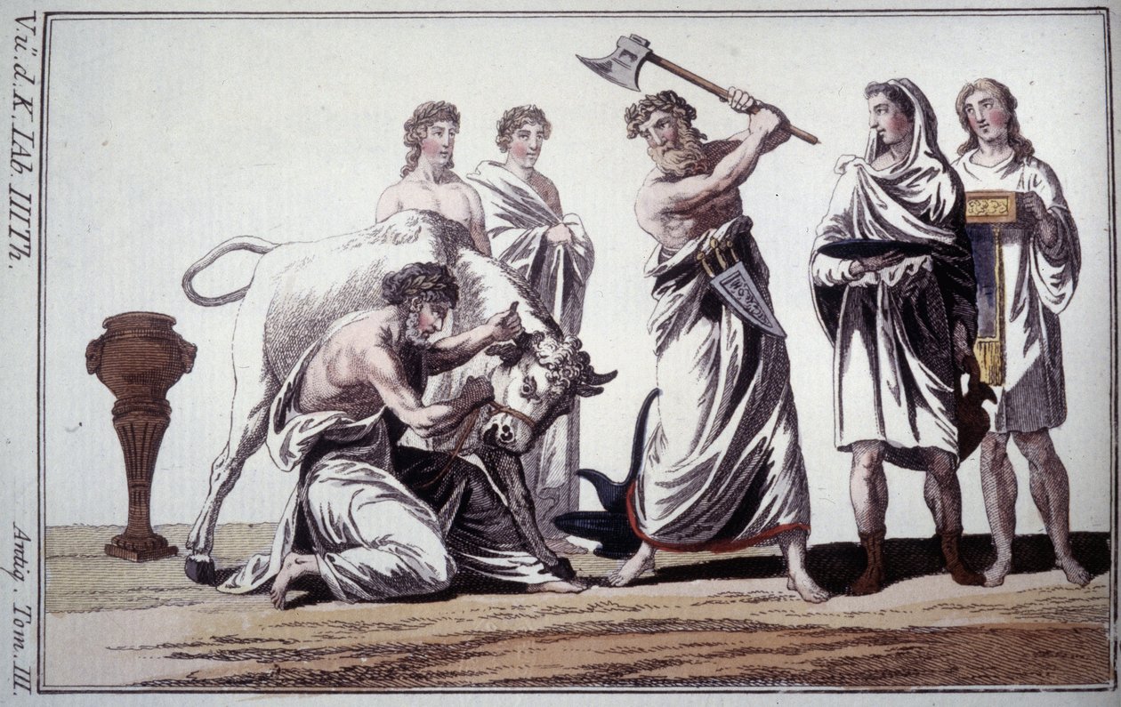 Oběť býka. Zvyk v římském starověku. Rytina z počátku 19. století. od Unknown artist