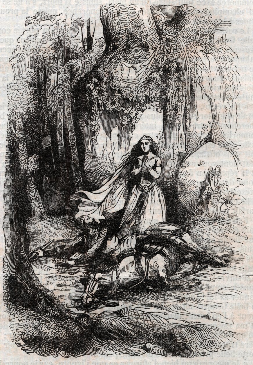 Sacripant (Sacripante) desarconne v přítomnosti Angeliky (Angelica) - rytina z roku 1851 z „“Roland furieux““ (Orlando furioso) (16. století) od Ludovica Ariosta, známého jako Ariosta – vydání přeložené z italštiny hrabětem z Tressanu a p od Unknown artist