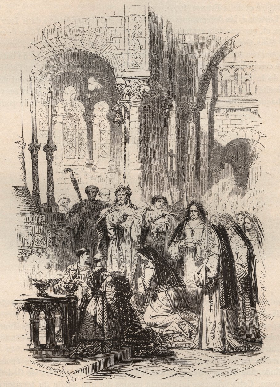 Plavba Saint Cunegonde z Lucemburska (asi 975-1033/1039) v roce 1024, předaná evekou Paderborn Meinwerk (asi 975-1036) v benediktinském opatství Kaufungen v Německu. Rytina z roku 1868 v „Histoire de Belgique od primitivních dob po od Unknown artist