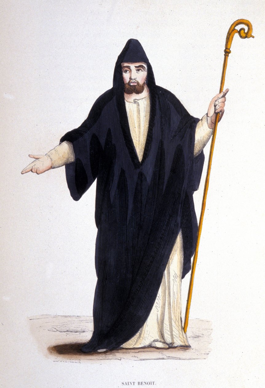 Svatý Benedikt z Nursie (narozen v Norcii (Norcia) v Umbrii kolem roku 480 - 527). Rytina z alba o řeholních řádech, Paříž od Unknown artist