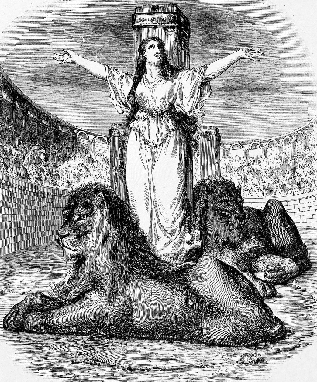 Saint Blandine, mladý křesťanský otrok, umučený ve lvím prstenu v Lyonu v roce 177, rytina od Unknown artist