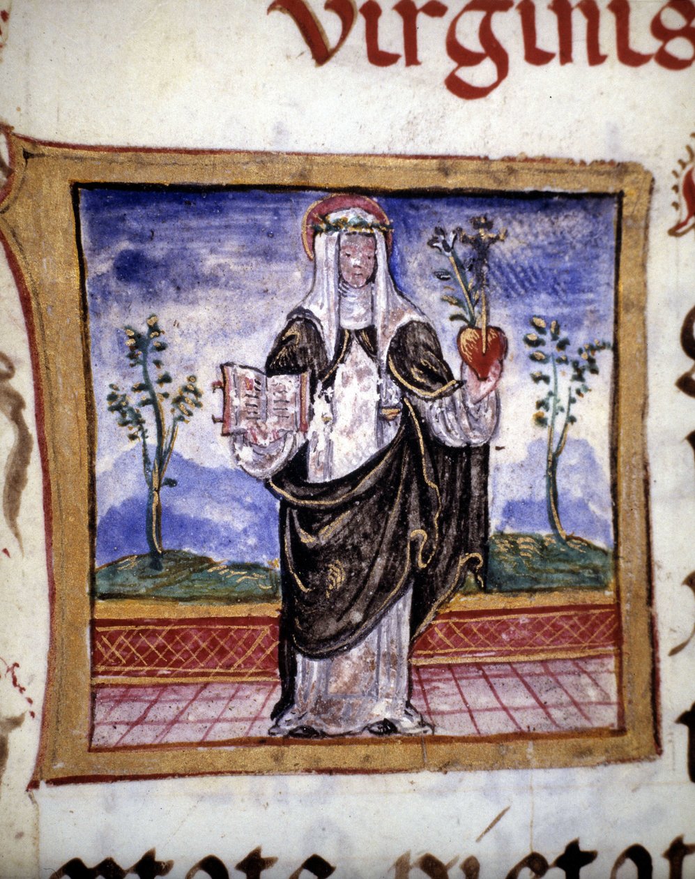 Svatá Kateřina Sienská (1347 - 1380) držící knihu a srdce, miniatura z 15. století. od Unknown artist