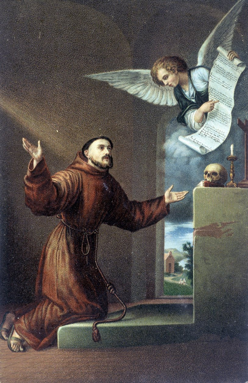 Svatý František z Assisi (1181 nebo 1182 - 1226) před andělem. Chromolitografie 19. století. od Unknown artist