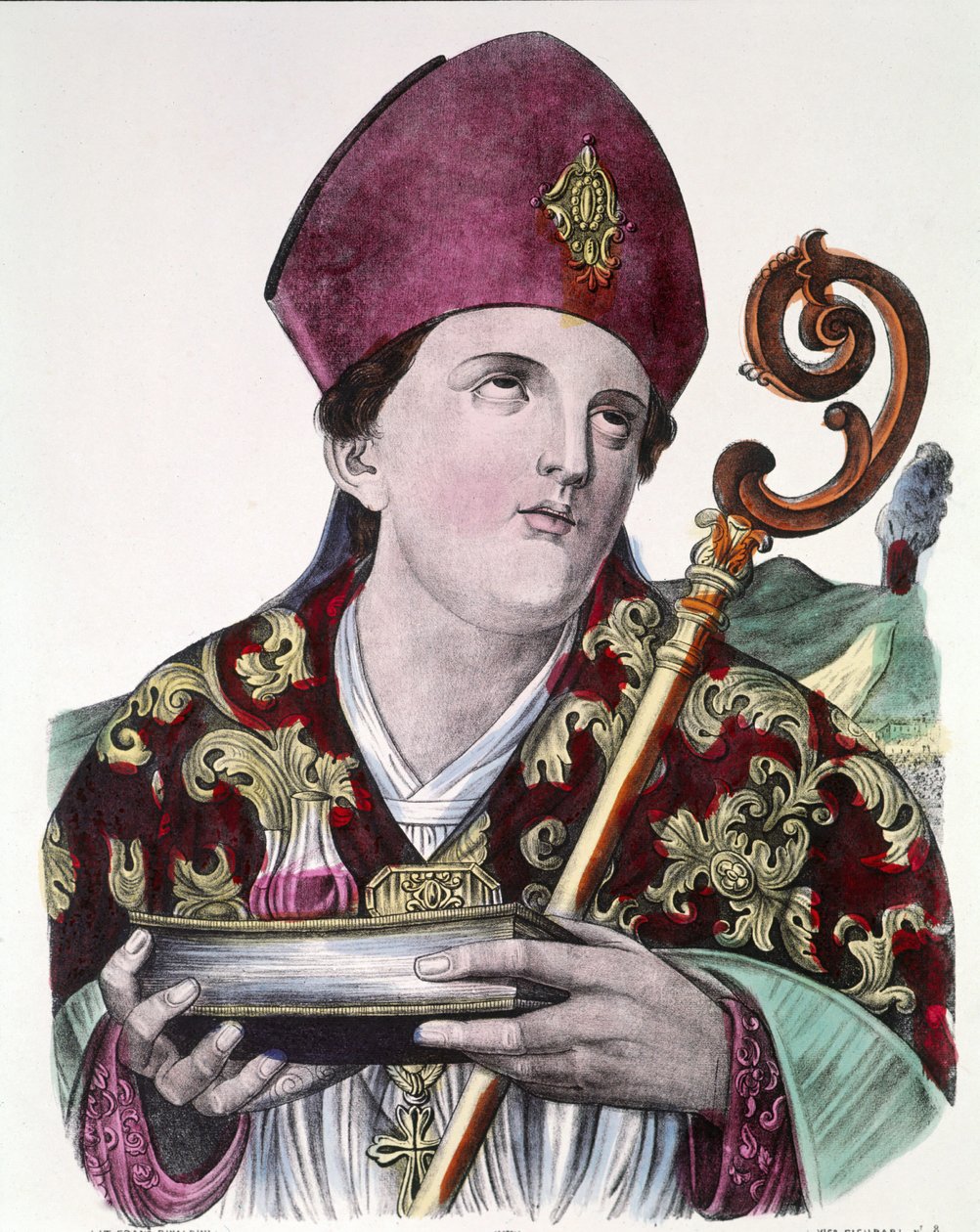 Svatý Gennaro nebo svatý Janvier, patron města Neapole, držící v rukou ampulku s jeho krví. Barevný oblíbený tisk z 19. století. od Unknown artist