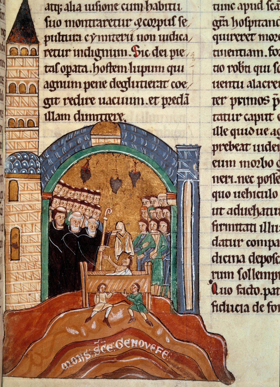 Saint Hugues de Cluny (1024-1109), abbé z Cluny, zachraňuje mrtvého muže v Paříži. Miniatura převzata z historické a liturgické sbírky od Unknown artist