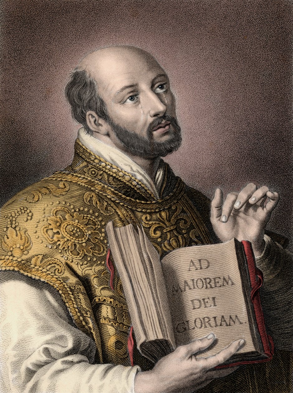 Svatý Ignác z Loyoly (1491-1556), španělský teolog, držící knihu s latinským heslem Tovaryšstva Ježíšova „“ Ad maiorem Dei gloriam“““ (Pro větší slávu Boží) - Portrét Ignáce z Loyoly (Sant Ignazio nebo svatý Ignác od Unknown artist