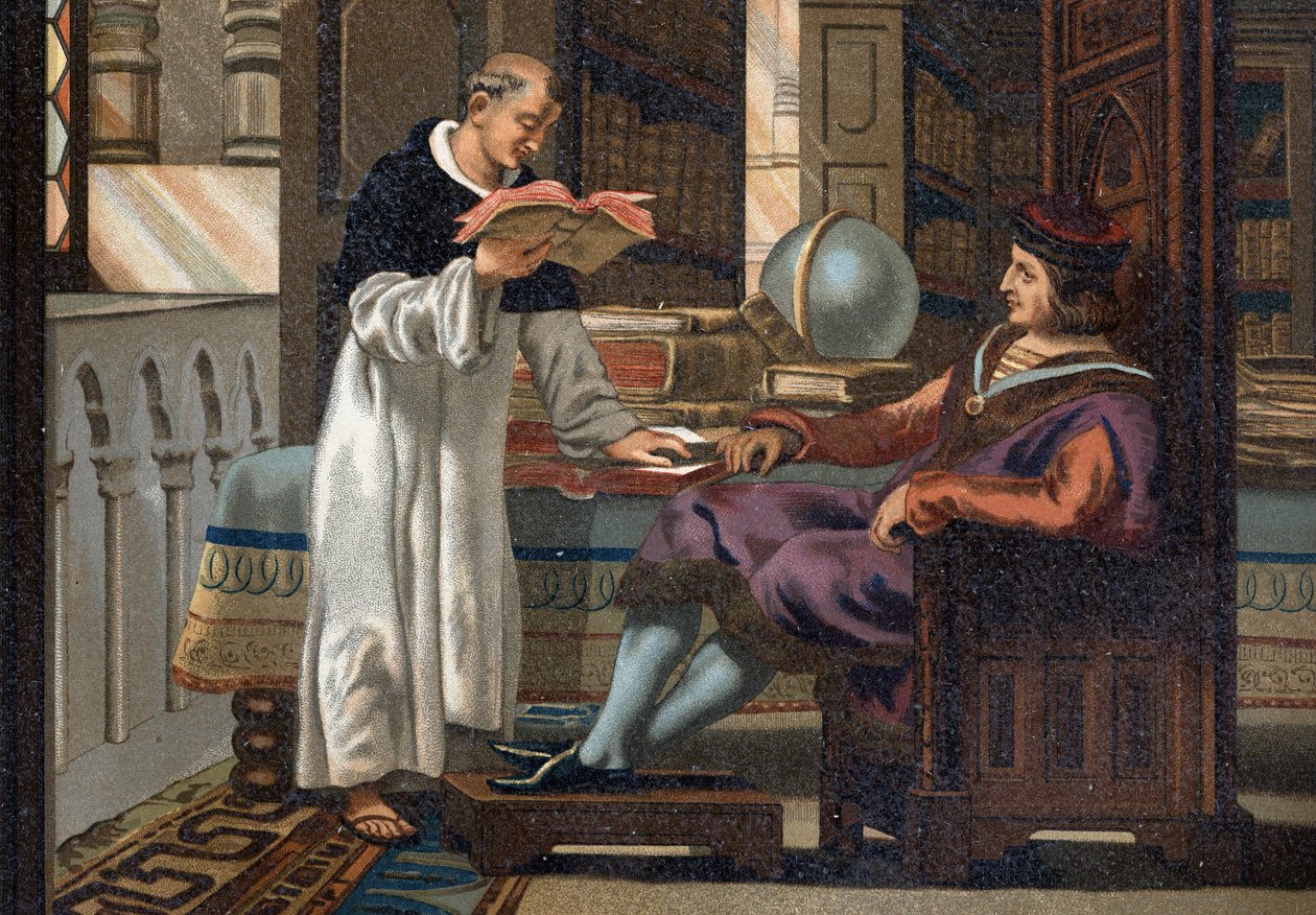 Saint Louis (1214-1270), král Francie, a jeho rada Saint Vincent de Beauvais (c.1190-1264), po „La Ciencia y sus Hombres par Louis Figuier“. Barcelona 1881 od Unknown artist