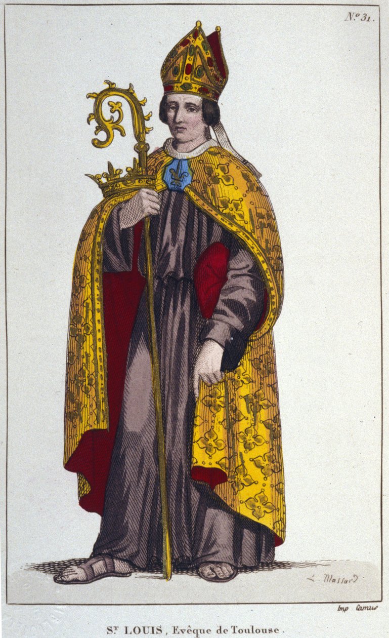 Saint Louis of Toulouse nebo Saint Louis of Anjou. Malý synovec Saint Louis (1274 až 1297), biskup z Toulouse. rytina z roku 1830 od Unknown artist