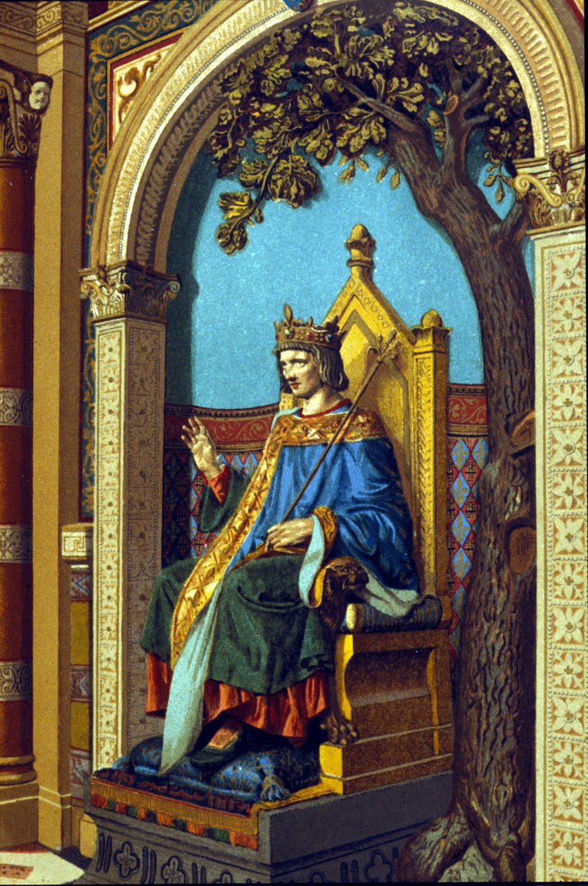 Svatý Ludvík nebo Ludvík IX. (1214 - 1270) vykonávající spravedlnost. Chromolitografie. od Unknown artist